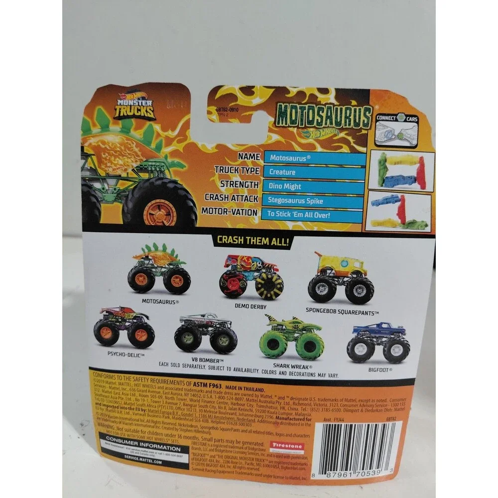 NIP Hot Wheels Monster Trucks 1:64 Die Cast Motosaurus w/ Crush Car